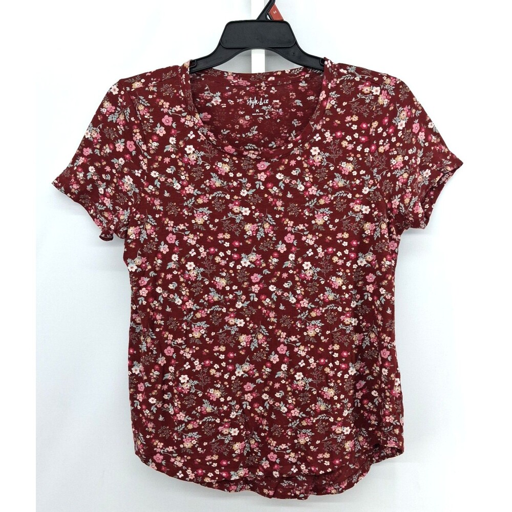 Style & Co Shirt Women Size PL Red Floral Short Sleeve Round Neck Lightweight